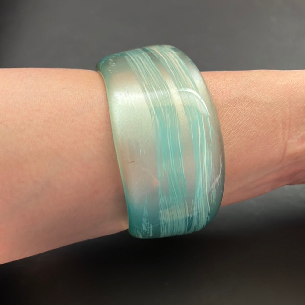 Vintage Plastic Bangle Bracelet, Clear, Blue, Asymmetrical, Retro, Boho